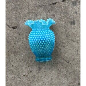 Vintage FENTON art glass - 8" tall Blue Opalescent Hobnail vase ruffled top